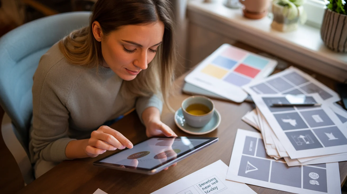 a person watching a tutorial on a tablet, surrounded by printed worksheets and templates
