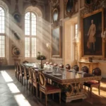A grand hall and set table