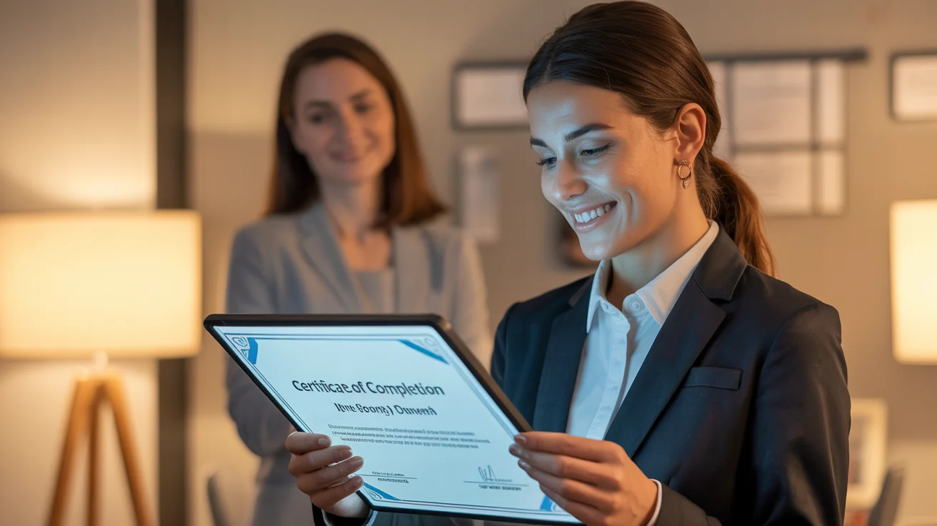 a professional receiving a digital certificate, with a mentor guiding in the background