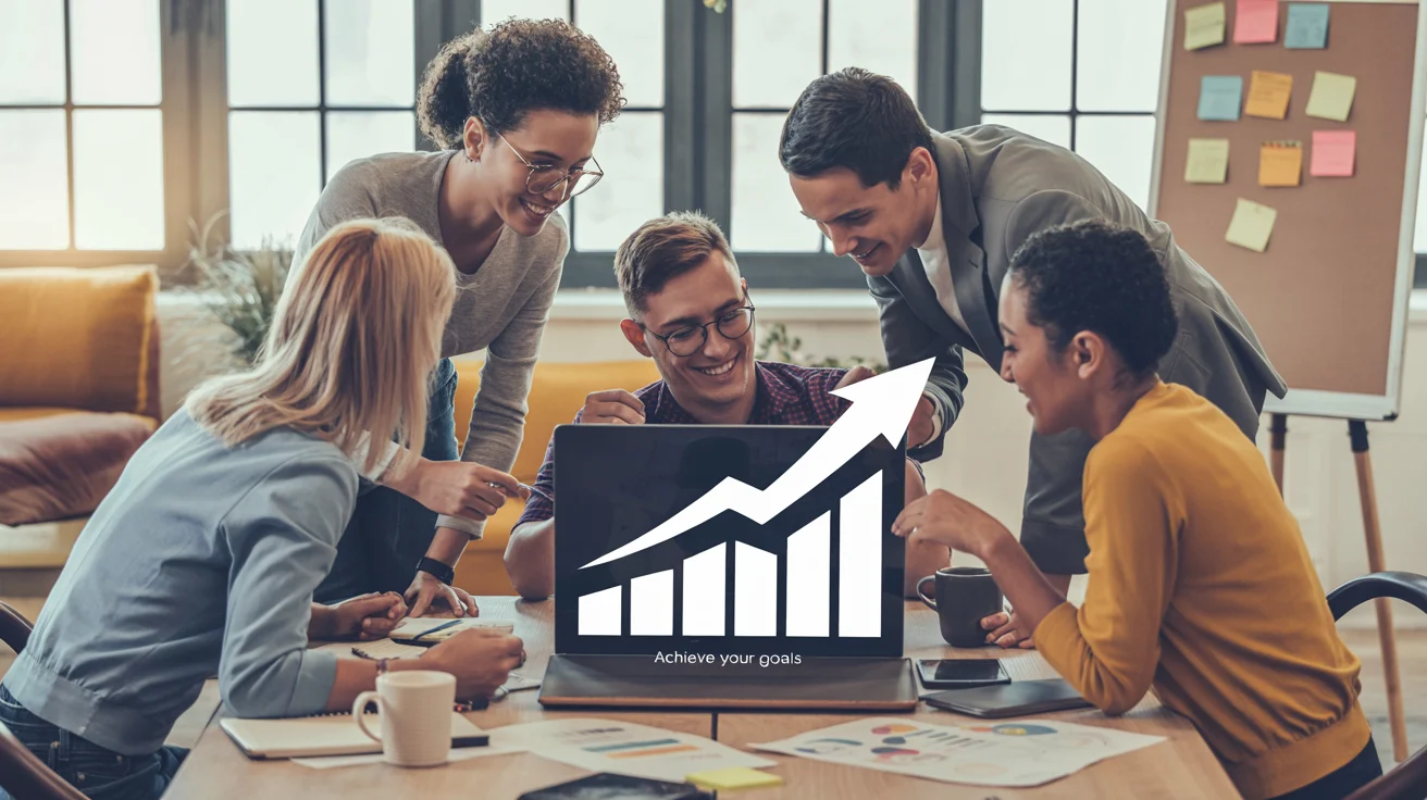 a soaring arrow chart overlaying a diverse team brainstorming around a laptop.