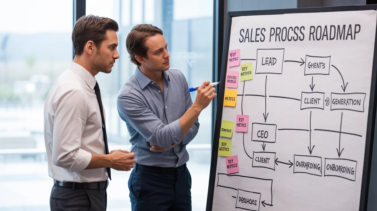 a whiteboard planning session with a consultant and CEO mapping out sales processes